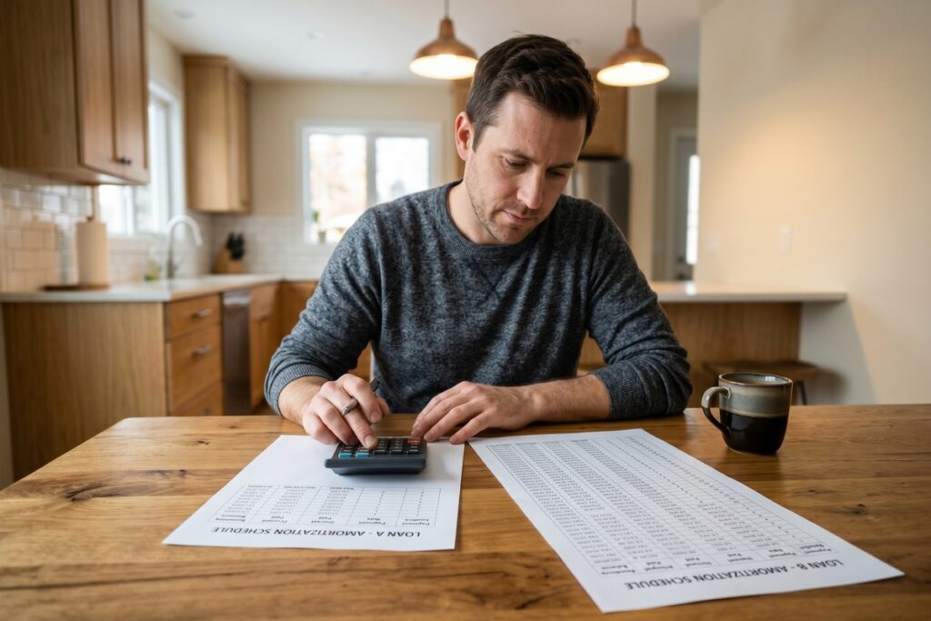 Side-by-side comparison of short and long loan term interest costs shown on a financial planning worksheet