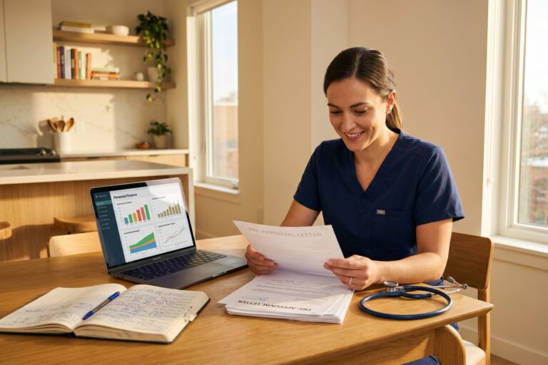 Nurse reviewing loan documents using shift-based income to qualify for better loan terms