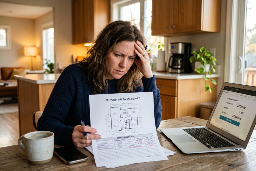 Homebuyer reviewing a low home appraisal report next to a rising mortgage rate chart