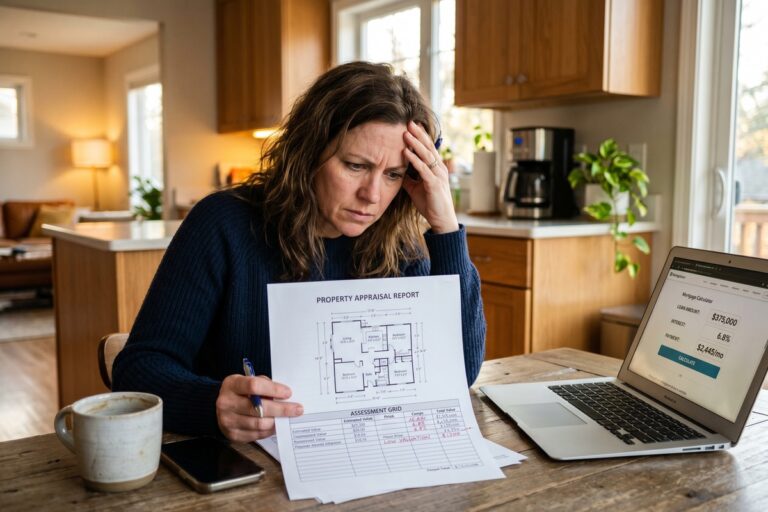 Homebuyer reviewing a low home appraisal report next to a rising mortgage rate chart