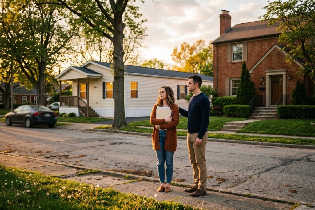 Side-by-side comparison of a manufactured home and a site-built house with mortgage rate charts