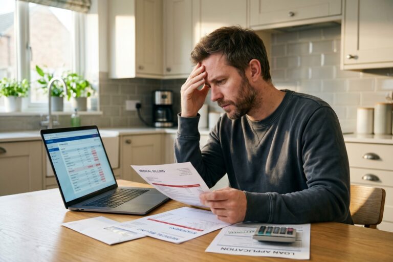 Person reviewing credit report with medical debt collection affecting loan interest rate