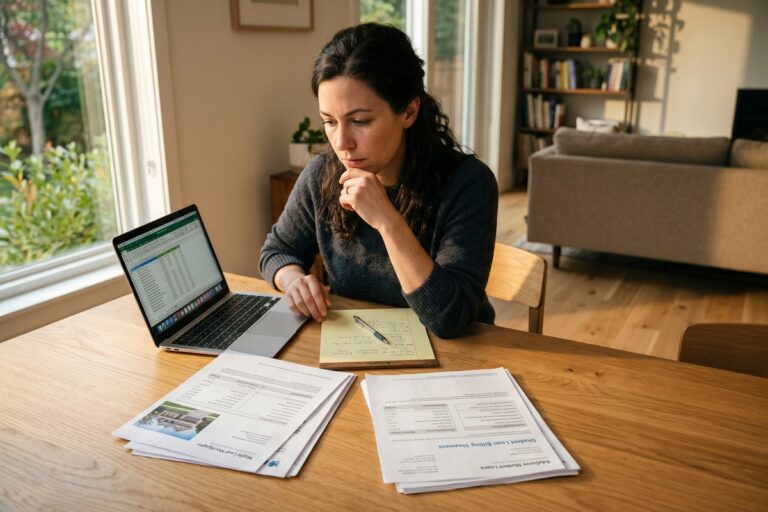 Borrower reviewing mortgage and student loan rates on a financial planning worksheet