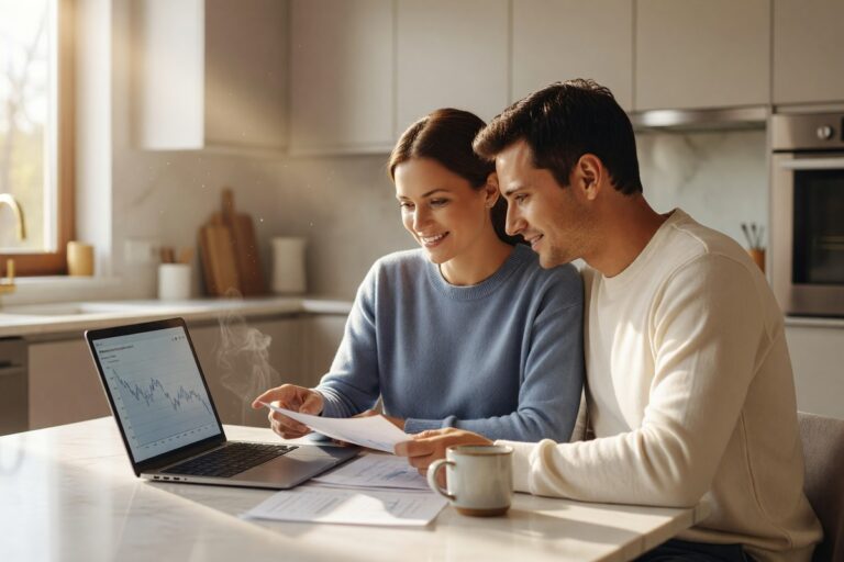 Graph showing mortgage rate trends in 2026 with a couple reviewing home buying options