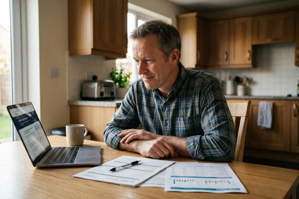 Person reviewing mortgage rate documents after bankruptcy with a lender