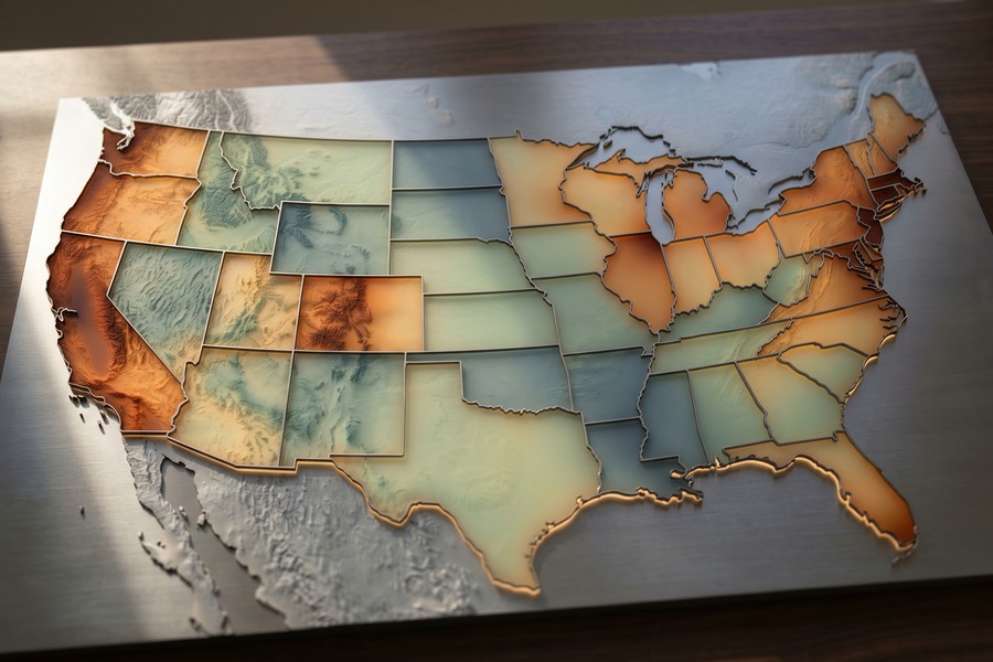 US map showing mortgage rate differences by state, color-coded from low to high