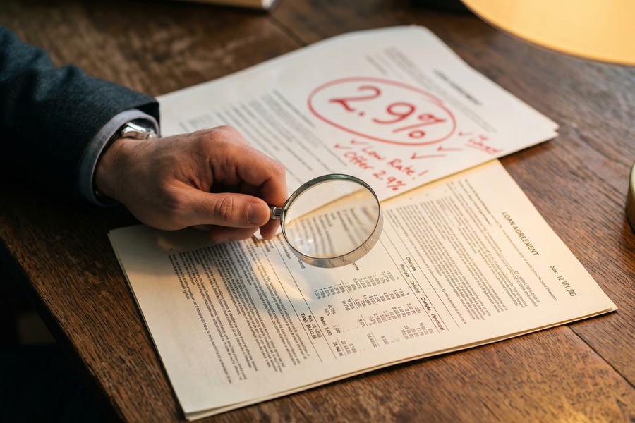 Mortgage broker meeting with homebuyer couple reviewing loan estimate documents at a desk