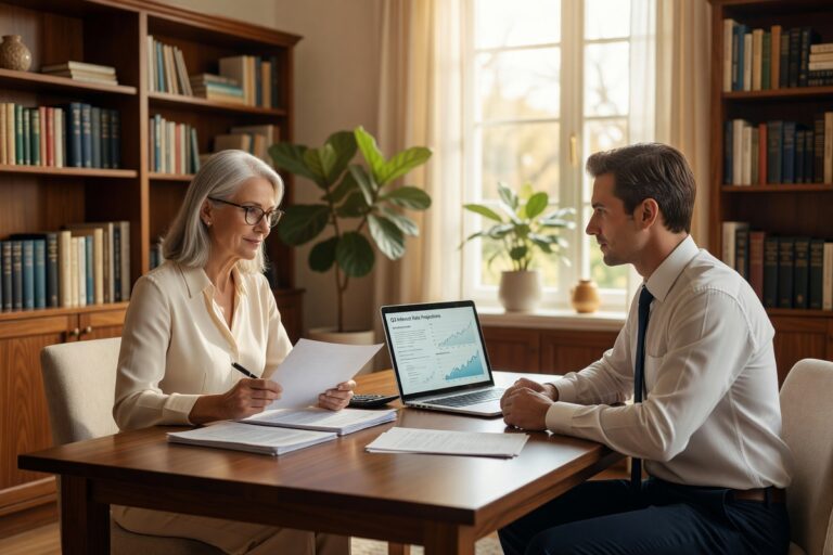 Retired couple reviewing mortgage rate documents at home on a fixed income