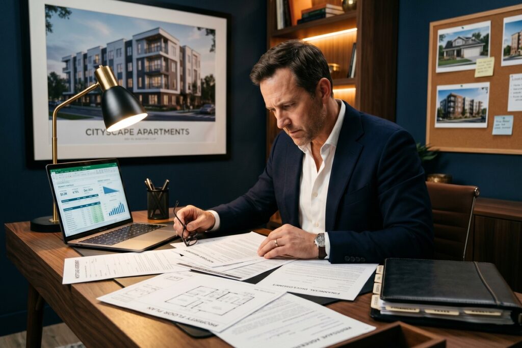 Borrower reviewing multiple properties mortgage rate documents with a lender