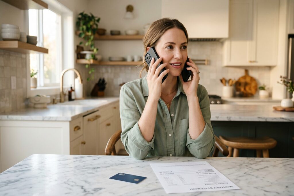 Person on phone negotiating a lower interest rate with their credit card issuer