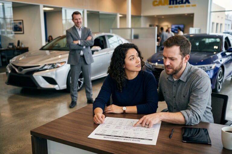 Side-by-side comparison of new and used car loan interest rates on a dealership document