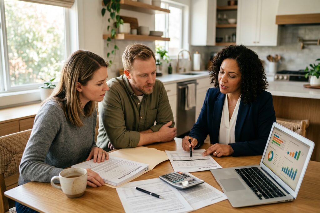 Lender reviewing mortgage rate factors on a financial document before checking credit score