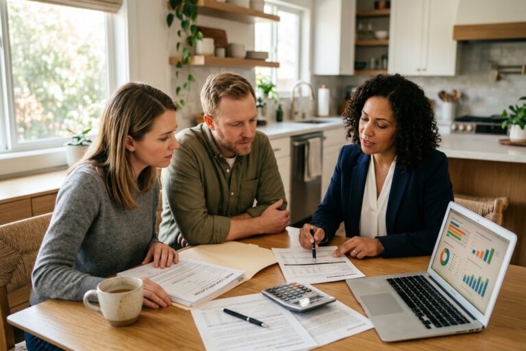 Lender reviewing mortgage rate factors on a financial document before checking credit score
