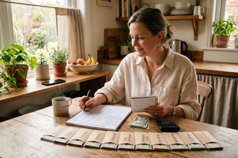Person using a paper ledger and cash envelopes as budgeting alternatives that work