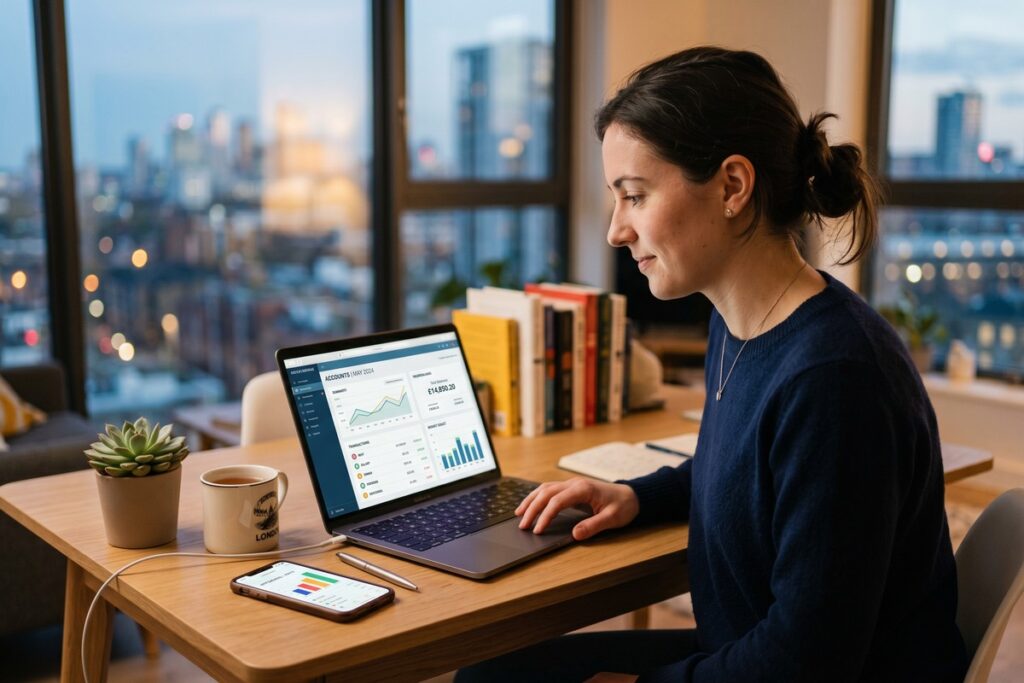Digital lender reviewing open banking data on a screen to assess borrower creditworthiness