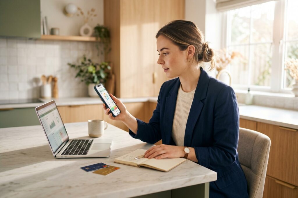 Person reviewing open banking app on smartphone before linking bank accounts securely