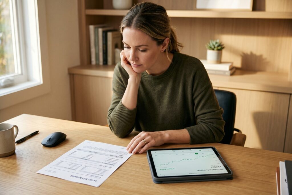 Person at a desk weighing a personal loan statement against an investment portfolio chart