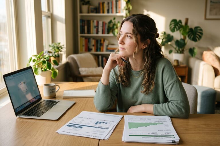 Person at desk weighing the decision to pay off student loans or invest extra cash