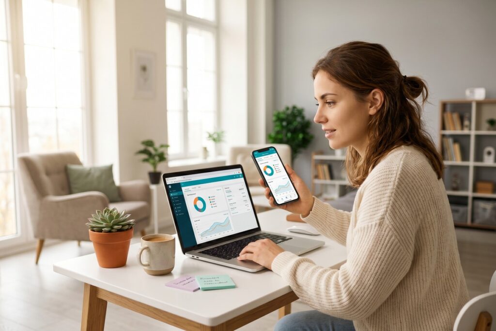 Person using a personal finance app on smartphone in 2026 to track budget and savings