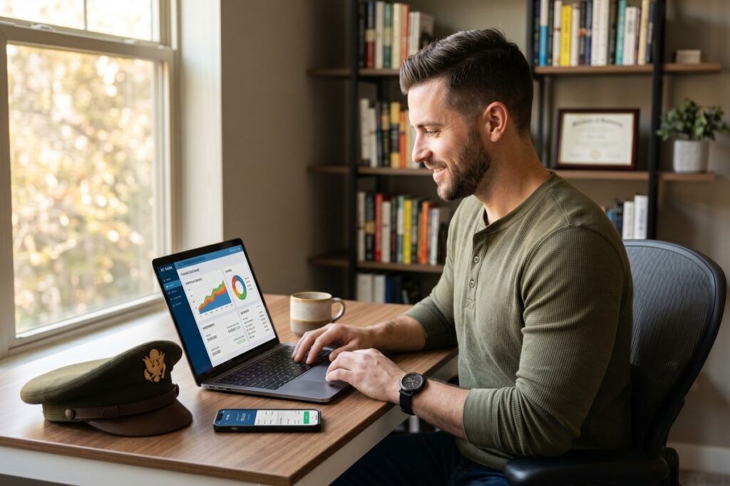 Veteran using personal finance tools on laptop during military transition