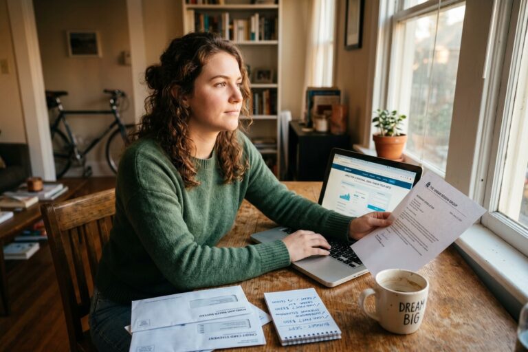 Person reviewing personal loan options on a laptop while planning a career change