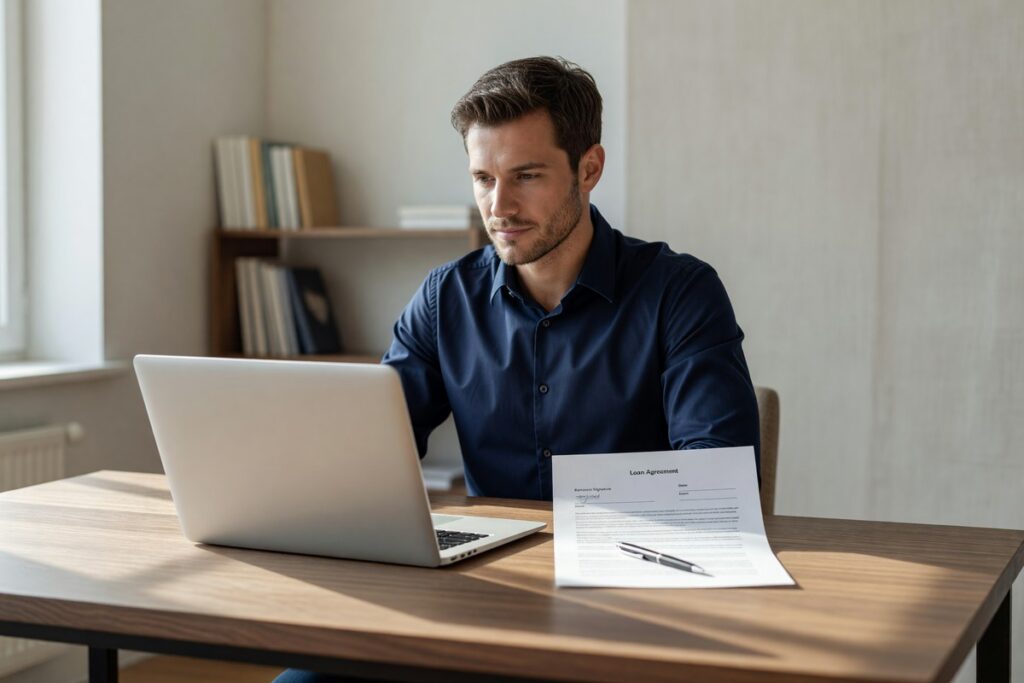 Person reviewing credit score on laptop after taking out a personal loan