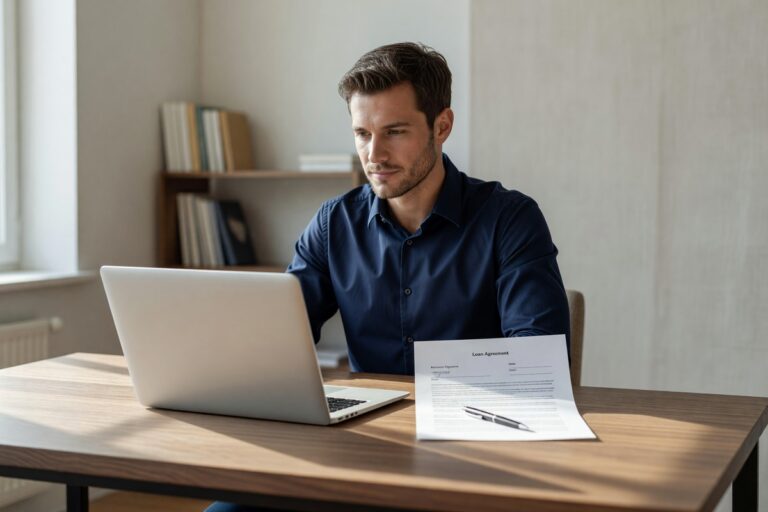 Person reviewing credit score on laptop after taking out a personal loan