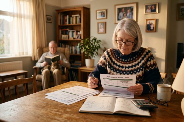 Retired couple reviewing personal loan options on a laptop to manage fixed income budget