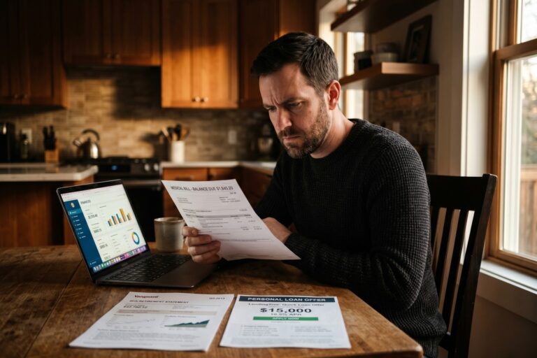 Person comparing personal loan documents and 401k retirement account statement for an unexpected expense decision