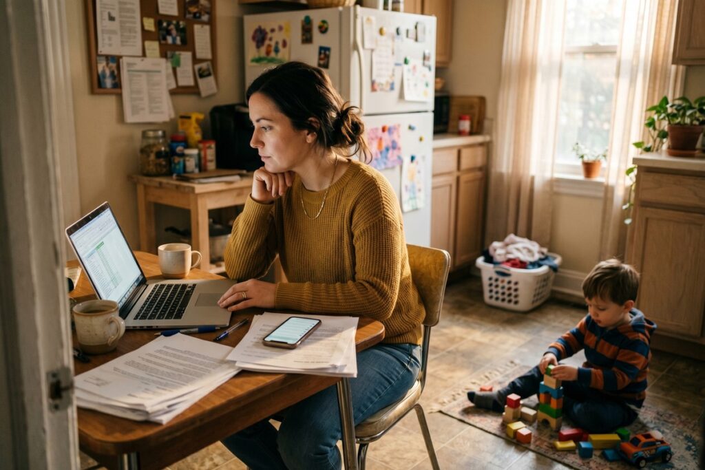 Single parent reviewing personal loan options on laptop to cover childcare costs between jobs