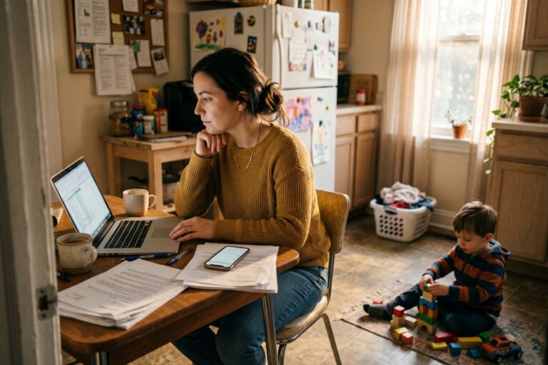 Single parent reviewing personal loan options on laptop to cover childcare costs between jobs