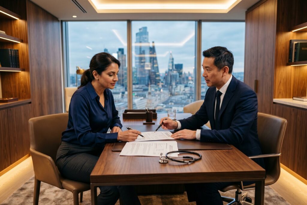 Physician reviewing specialty loan interest rate options at a desk with financial documents