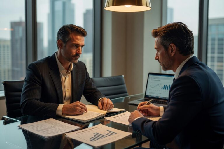 Homebuyer reviewing portfolio loan mortgage rates with a lender at a desk