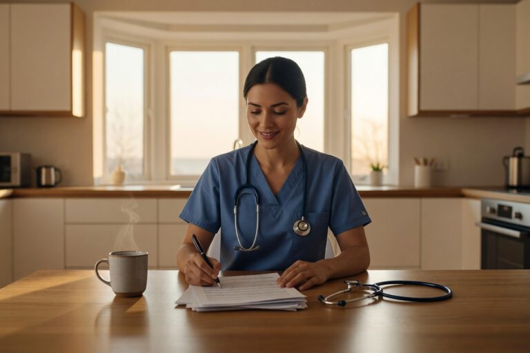 A nurse and a teacher reviewing profession based mortgage programs on a laptop with a lender