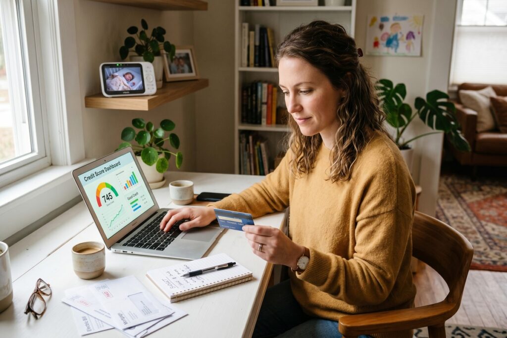 Stay-at-home parent reviewing credit report on laptop at home kitchen table