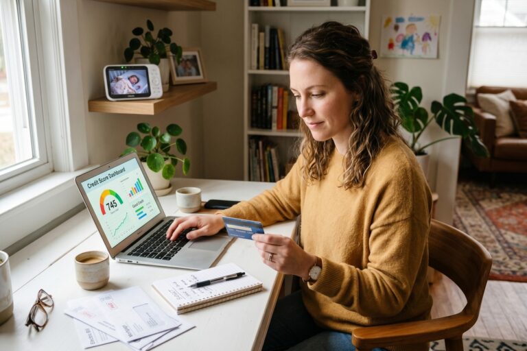 Stay-at-home parent reviewing credit report on laptop at home kitchen table