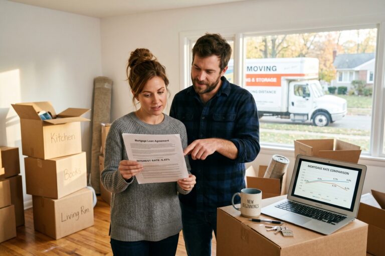 Professional reviewing relocation mortgage rate documents after moving to a new state for work