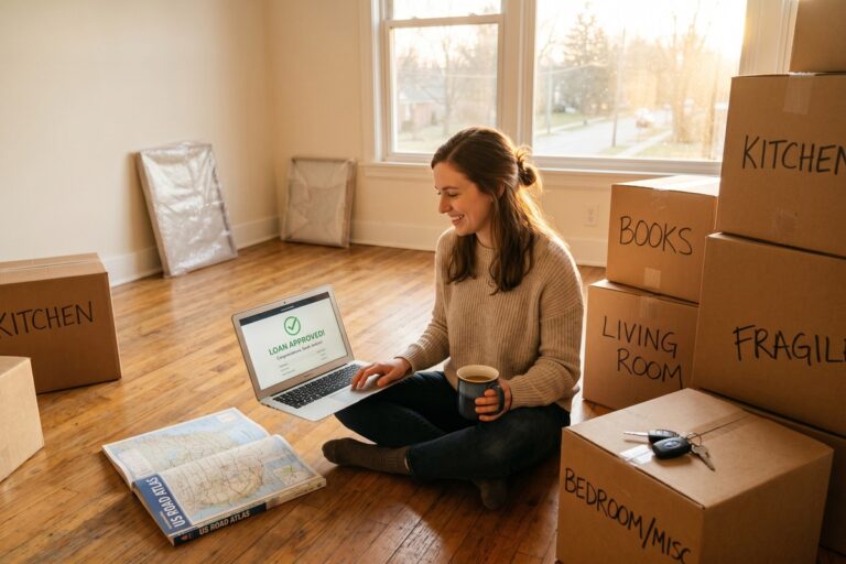 Remote worker reviewing digital loan relocation funding options on a laptop while surrounded by moving boxes
