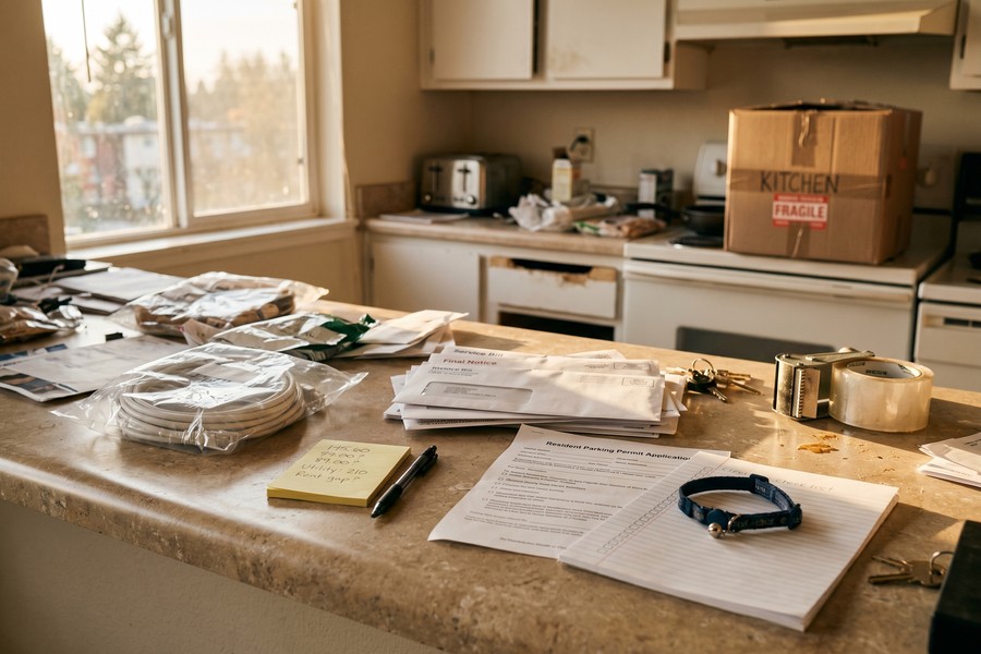 Remote worker at a clean new home office in a mid-size city after relocating successfully