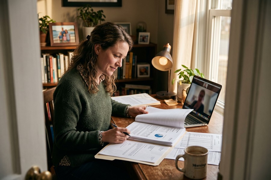 Remote worker reviewing mortgage documents at home office desk