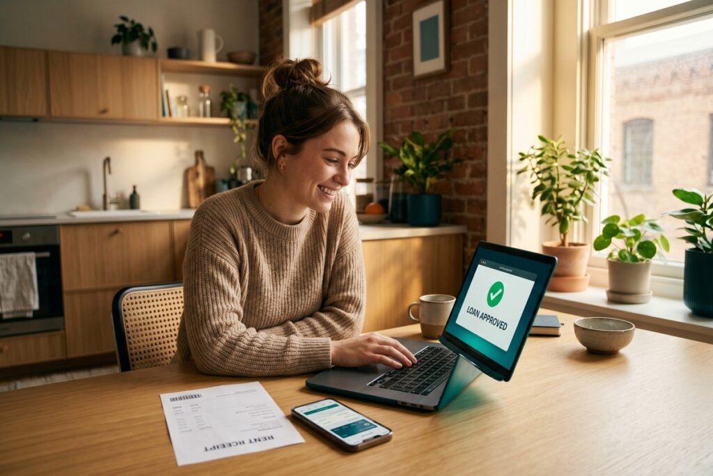 Digital lender reviewing rent payment history data on a laptop to approve a borrower in 2026