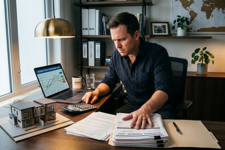 Landlord reviewing rental property interest rate documents for second investment property financing