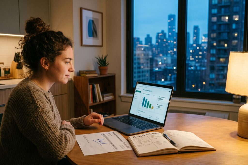 Urban renter reviewing loan repayment plan versus down payment savings on a laptop in a high-cost city apartment