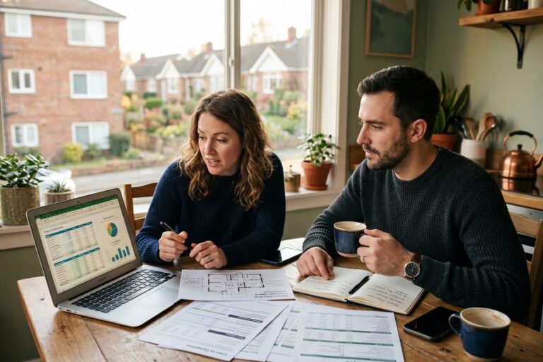 A person in their 30s sitting at a desk comparing renting and buying costs on a laptop with housing market data on screen