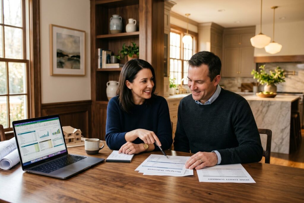 Repeat homebuyer reviewing home equity documents with a mortgage lender to negotiate a lower mortgage rate