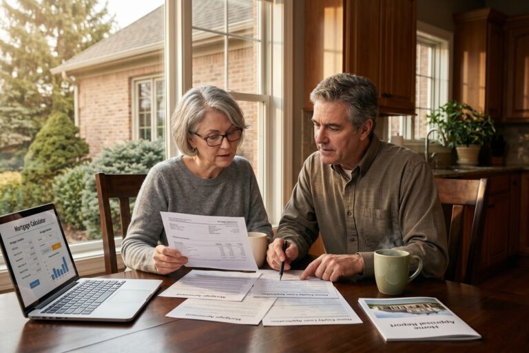 Older borrower reviewing home equity loan documents and interest rate comparison charts near retirement age