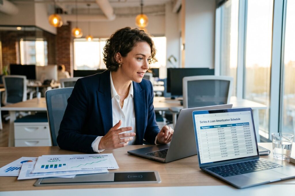 Business owner comparing revenue-based financing and fintech term loan options on a laptop
