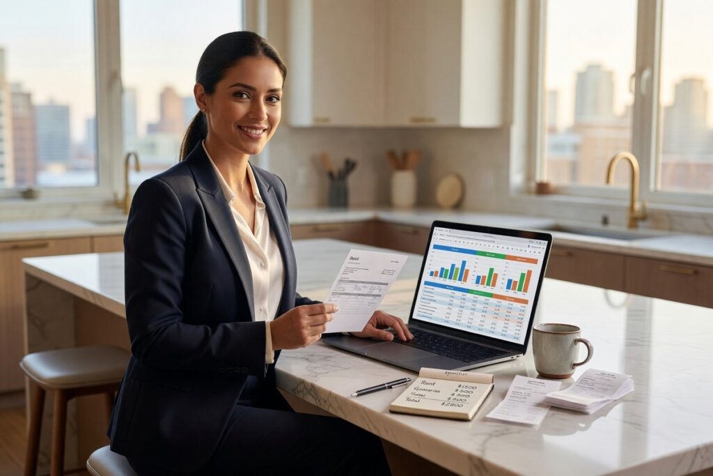 Person reviewing monthly budget spreadsheet after receiving a salary raise