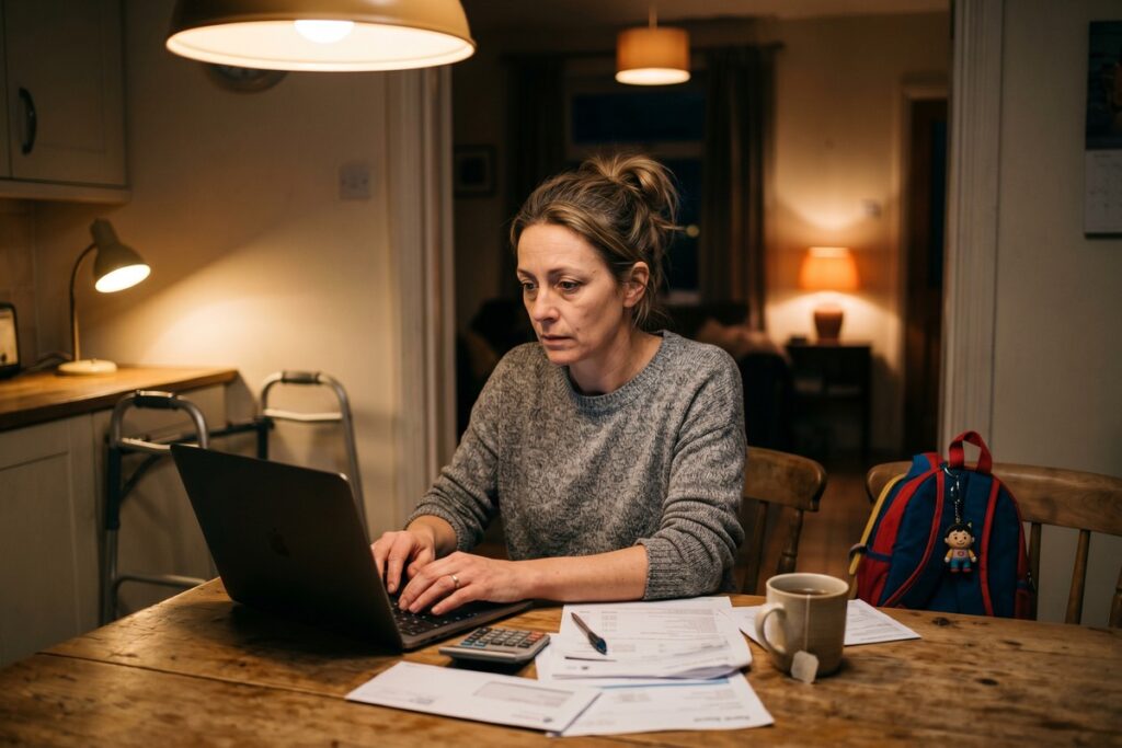 Sandwich generation caregiver reviewing finances at a desk while managing expenses for two households