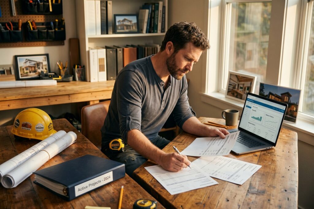 Self-employed contractor reviewing bank statements on laptop to secure a $40000 digital loan
